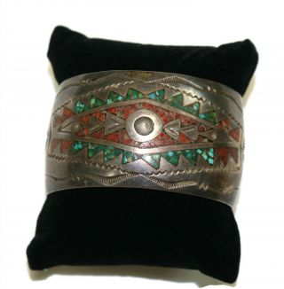 Vintage Sterling Silver Old Pawn Turquoise Coral Inlay Navajo Cuff Bracelet 62g