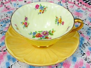 Shelley Yellow Oleander Shape Teacup Floral Wide Tea Cup And Saucer