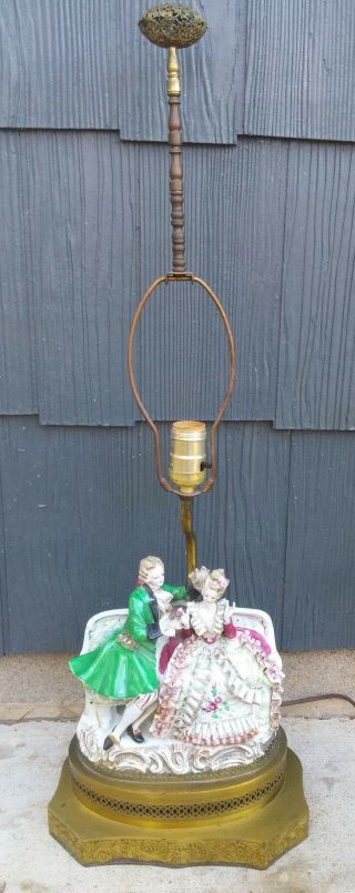 Antique Capodimonte Style Porcelain & Brass Figural Lamp W/ Colonial Man & Woman