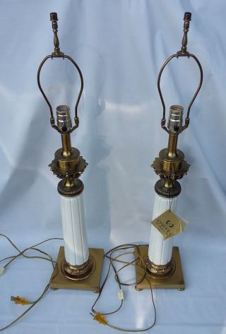Stiffel Brass Table Lamps White Grecian Corinthian Column Mid Century Lights