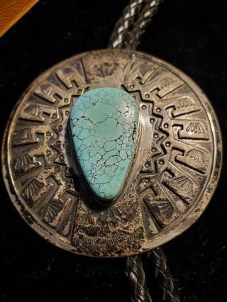 Vintage Navajo Turquoise Sterling Silver Signed Fred Guerro Bolo