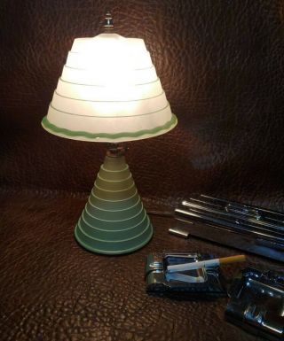 Vtg 30s Machine Age Saturn Planet Atomic Table Lamp Art Deco Green Frosted Glass