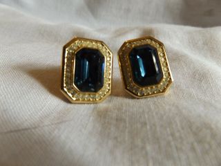 Christian Dior Vintage Emerald Cut Sapphire Clear Rhinestones Clip On Earrings