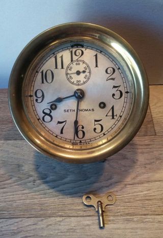 Vintage Brass Seth Thomas Maritime Ships Clock 7 " Diameter Early Model With Key