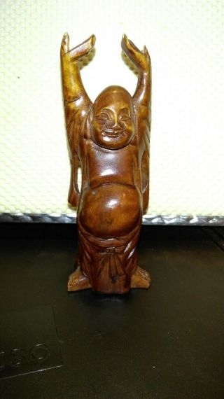 Vintage Hand Carved Wooden Happy Buddha Figurine Statue 6 " Hands Up