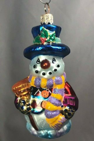 Christopher Radko Glass Snowman Christmas Ornament Blue Top Hat 3 1/2 - Inch
