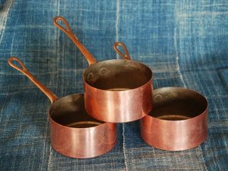 Set Of 3 Small Vintage French Copper Saucepans Stamped Antique Lined To Use