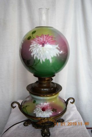 Antique Victorian Gwtw Gone With The Wind Parlor Banquet Table Lamp Floral Mums