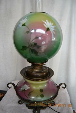 Antique Victorian GWTW Gone With the Wind Parlor Banquet Table Lamp Floral MUMS 2
