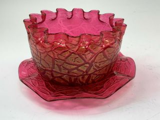 Antique Cranberry Aventurine Glass Finger Bowl & Under Plate