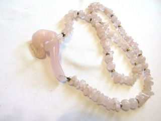 Vintage Chinese Rose Quartz Beaded Elephant Clasp Necklace - Nose Up - Good Luck