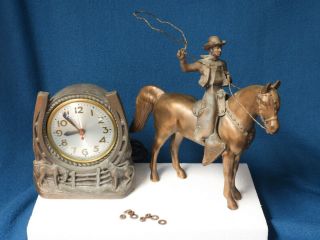 Vintage Brass / Copper Metal Horse And Cowboy Rider With Sessions Mantle Clock