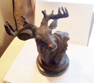 Antique 19th C Metal Sculpture Of Elk Head On Marble Base 8 Inch High