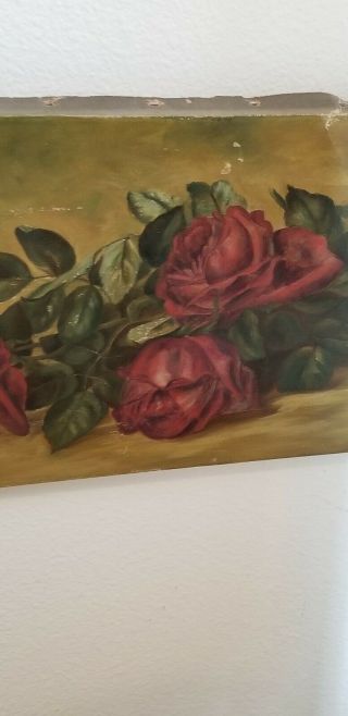 Antique Sweet Small Red Roses Vintage Oil Painting On Canvas