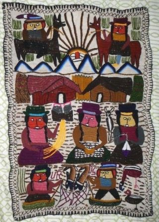 Peruvian Folk Art Tapestry/wall Hanging 100 Wool Handwoven & Embroidered 35x25 "