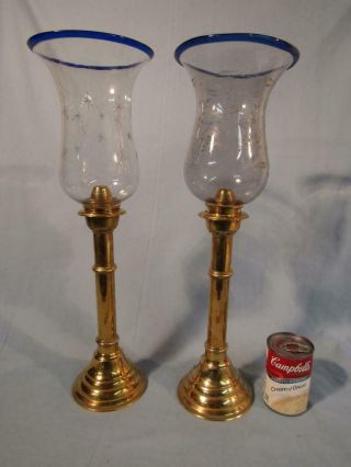 Pair Antique 20 " Brass Candlestick Lamps - Etched Glass Tulip Shades