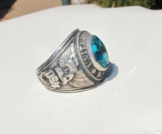 Vintage United States Us Navy Sterling Silver Class Ring W/blue Stone,  Sz 9