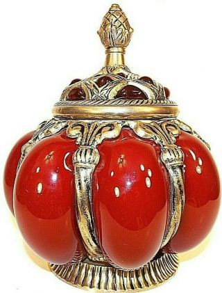Antique Ruby Red Glass & Brass Lidded Jar Centerpiece.  8 1/2 " H X 7 1/2 " W India