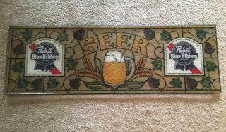 Vtg Pabst Blue Ribbon Sign Faux Stained Glass 35 1/4” X 12”,  Some Cracks