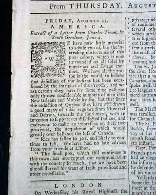 Charleston Sc South Carolina French And Indian War Naval 1760 British Newspaper