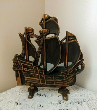 Vintage Brass Sailing Ship Nautical Door Stop Figure Marked