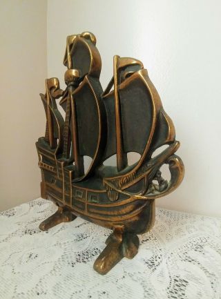 Vintage Brass Sailing Ship Nautical Door Stop Figure Marked 2