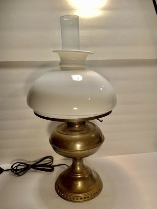RAYO Brass Electrified Oil Hurricane Lamp With Milkglass Shade And Clear Chimn 2