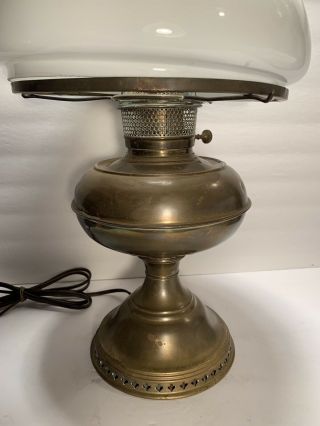 RAYO Brass Electrified Oil Hurricane Lamp With Milkglass Shade And Clear Chimn 3