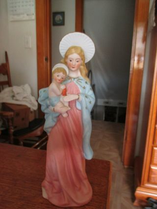 Vintage Mother Mary And Baby Jesus Statue Porcelain Ceramic 10 1/2 " Tall