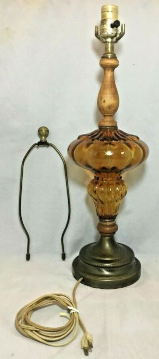 Vintage Mid Century Modern Amber Glass Saucer Lamp Wood Brass Mcm