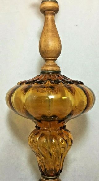 Vintage Mid Century Modern Amber Glass Saucer Lamp Wood Brass MCM 2