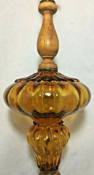 Vintage Mid Century Modern Amber Glass Saucer Lamp Wood Brass MCM 3