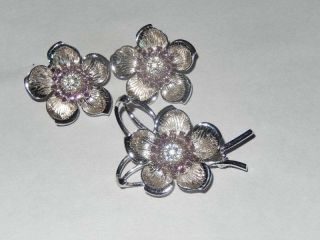 Vintage Pennino Rhinestone Rhodium Plate Flower Pin Earring Set