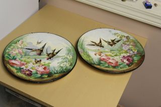 Matching Set Of Antique Hand Painted Wall Hanging Plates - Bird Artwork