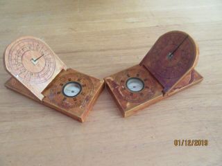2 X Vintage Wooden Chinese Compass / Sundial Approx 5.  5 " X 2.  5 "