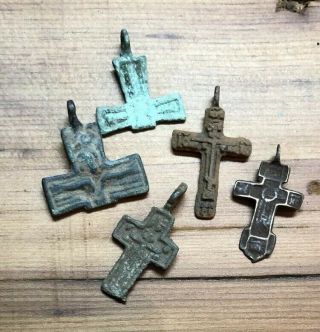 5 Dug Antique Bronze Christian Crosses C.  1800 - 1900 Ad