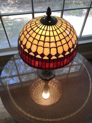 Antique Brass Base Leaded Glass Table Lamp