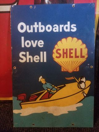 Vintage Old Shell Outboard Motor Oil Display Sign Metal Enamel Evinrude Gas