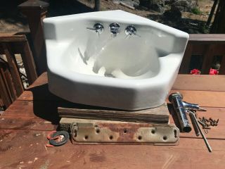 Rare Vintage Kohler Corner Porcelain Cast Iron Wall Sink For Small Space