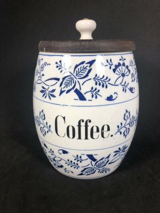 Antique German Blue Onion Pattern Coffee Canister With Wood Lid.  6k