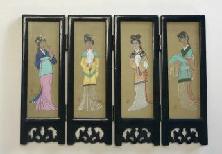 Vintage Japanese Lacquer & Silk Hand Painted Table Panel Geisha Girls 2 Sided