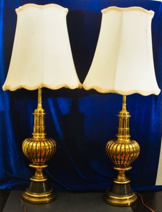 2 Vintage Stiffel Brass Table Lamps Mellon Rib Mid Century Hollywood Regency 33”