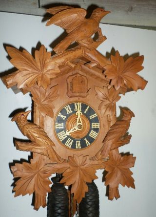 Large Rare Rustic Carved German Black Forest 3 Bird Unusual 8 Day Cuckoo Clock