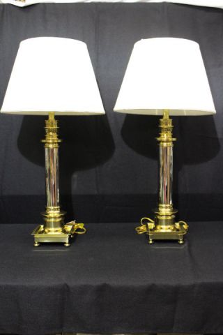 Frederick Cooper Chrome/brass Hollywood Regency Column Pillar Lamps 32 "