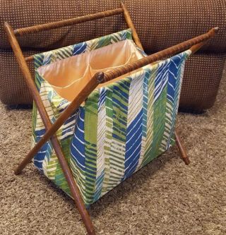 Vintage Folding Wood Frame Basket Caddy Tote Sewing Knitting Yarn Stand Portable