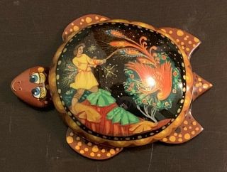 Russian Lacquer Hand Painted Signed Palekh Turtle - Shaped Box “firebird”