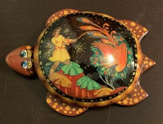 Russian Lacquer Hand Painted Signed Palekh Turtle - Shaped Box “Firebird” 2