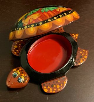 Russian Lacquer Hand Painted Signed Palekh Turtle - Shaped Box “Firebird” 3