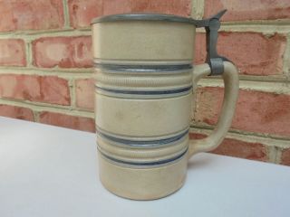 Antique 19th C Stoneware Cobalt Decorated Striped Tavern Mug Stein W Pewter Lid