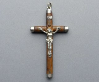 Jesus Christ,  Cross,  Crucifix.  Antique Religious Large Pendant.  Silver And Wood.